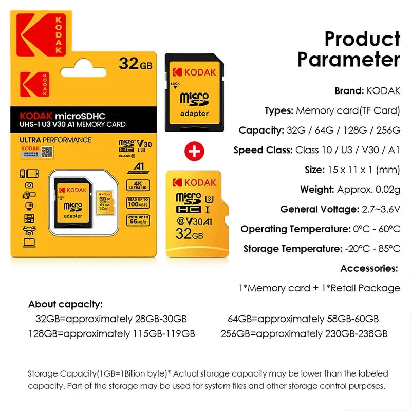 NEW KODAK Micro SD Memory Card 256GB 100MB/s Class10 U3 UHS-I 32GB 64GB 128GB TF SDCard 4K HD For USBCard Reader Adapter Microsd