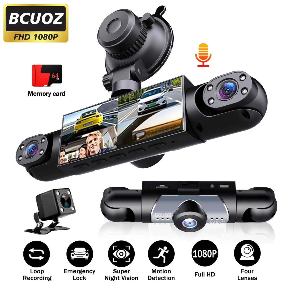 BCUOZ ° Dashcam, Front + Built-in Rear Left and Right Super — product view 1