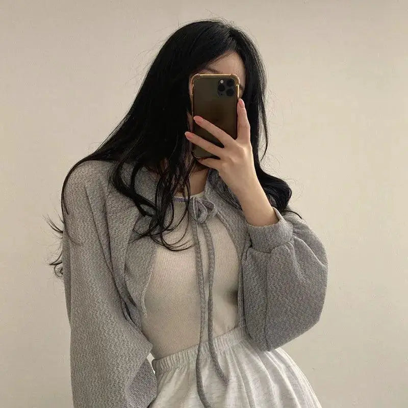 White Lace-Up Lantern Sleeve Cardigan Korean Style Staple