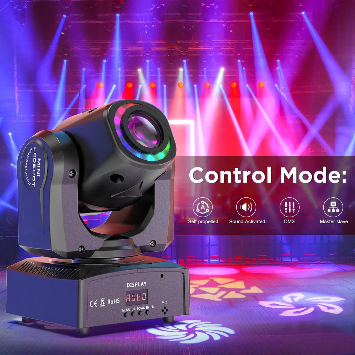 U'King 120W LED Beam Moving Head Light RGB Color Mixing 8 Patterns DMX Effect Light Rotating Stage Light for DJ Show Party KTV