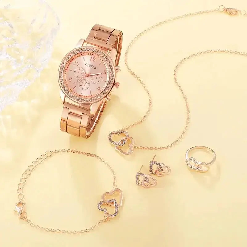 Rose Gold 6 Piece Luxury Jewelry Set For Women Watch Ring