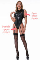 Sexy Female Bodysuit Shiny Faux Leather Garter Set