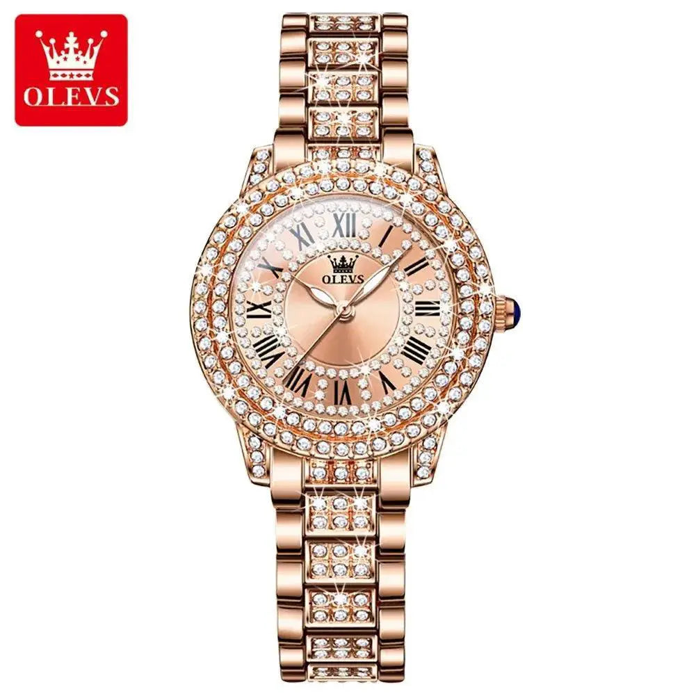 OLEVS Rose Gold Diamond Watch For Women Waterproof Timepiece
