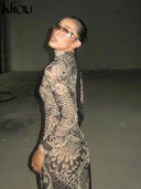 Kliou Mesh Vintage Prints Maxi Dress Women Sheer Long Sleeve Bodycon Party Dress