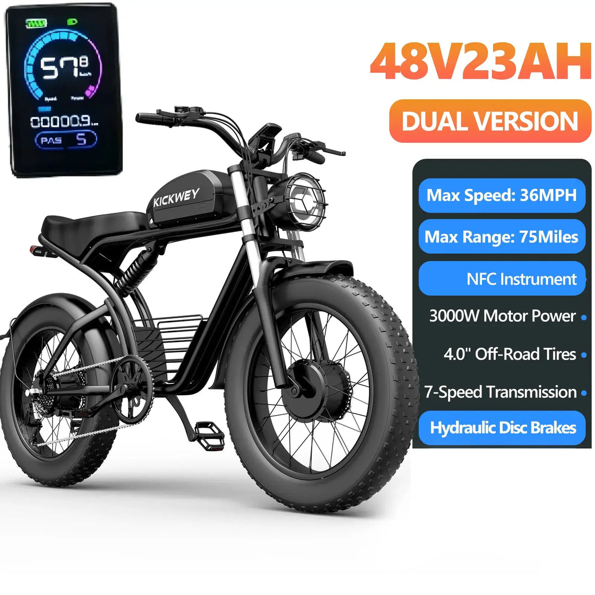Kickwey 2026 Hot Sale New Arrival K7 3000W Adult Off-Road Mountain Electric Bicycle with NFC Display 48V 46Ah Removable Large Capacity Battery High Speed Long Range 20"×4.0" Fat Tire 1-Year Warranty Ships From US Fast Shippi