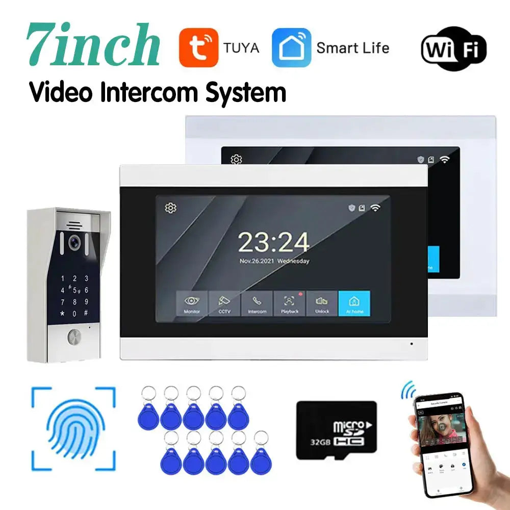 New 5in1 Fingerprint Unlock Tuya Smart 1080P 7inch LCD Wifi Video Intercom System Video Door Phone Camera with Motion Detector
