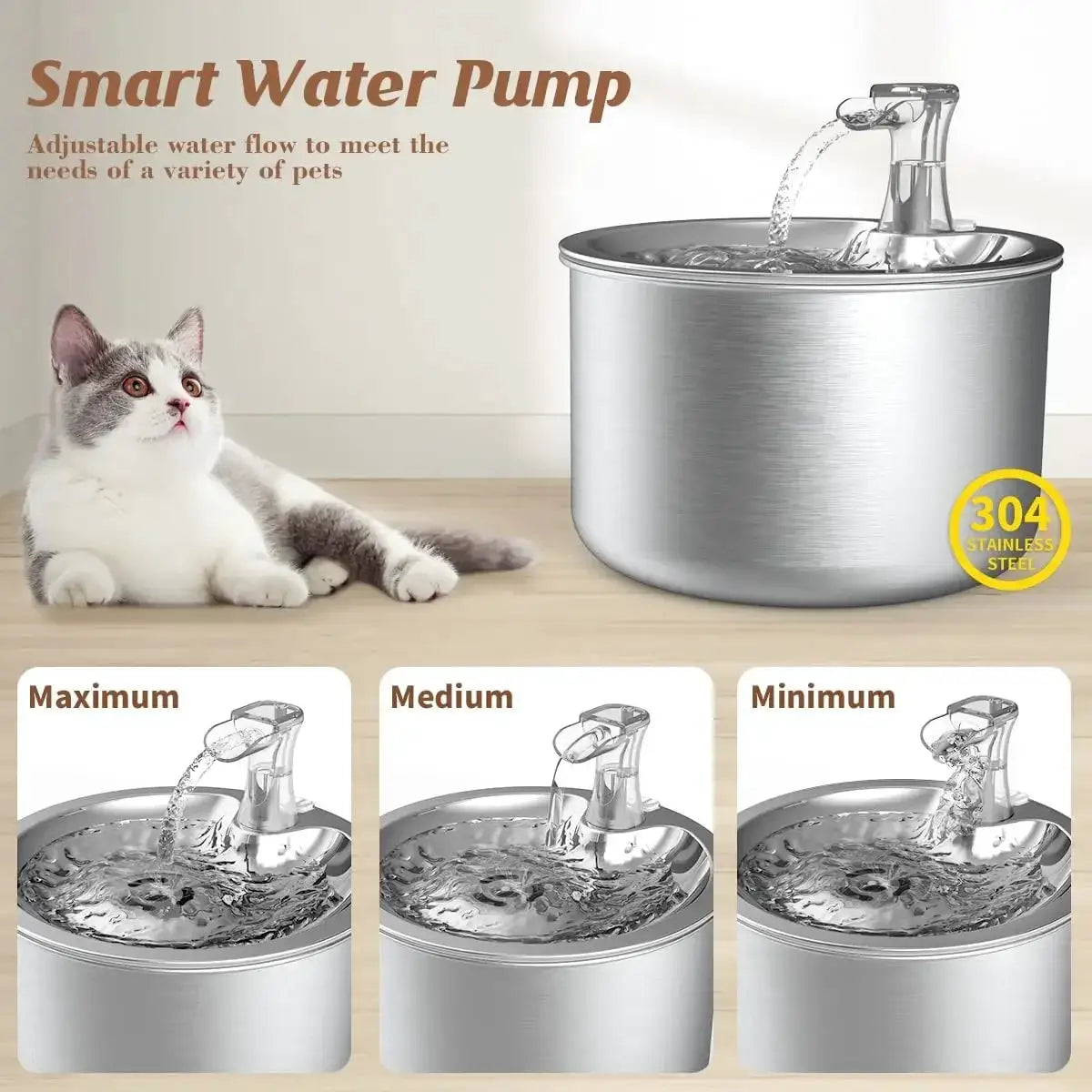 2L Stainless Steel Pet Water Dispenser Cat Fountain