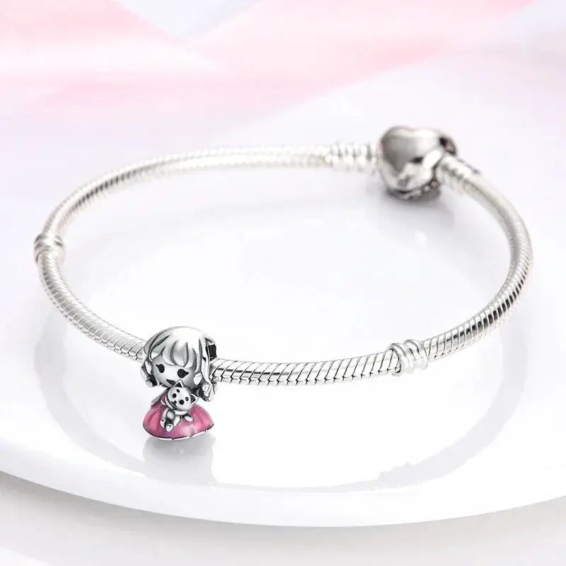 Silver Plated Charm Beads Pink Butterfly Flower For Jewelry
