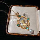 Women Gemstone Necklace and Zirconia Pearl Earrings Set in Textured 18K Gold