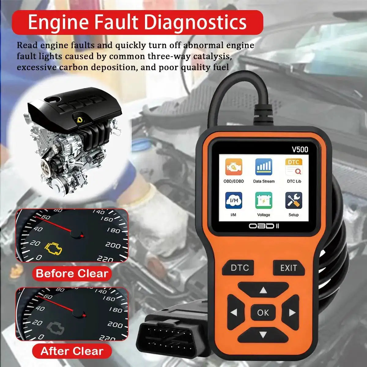 Car OBD2 Scanner Diagnostic Tool Code Reader, Car Voltage Tester Engine Fault Code Scanner, Charging Tester Diagnostic Tool V500