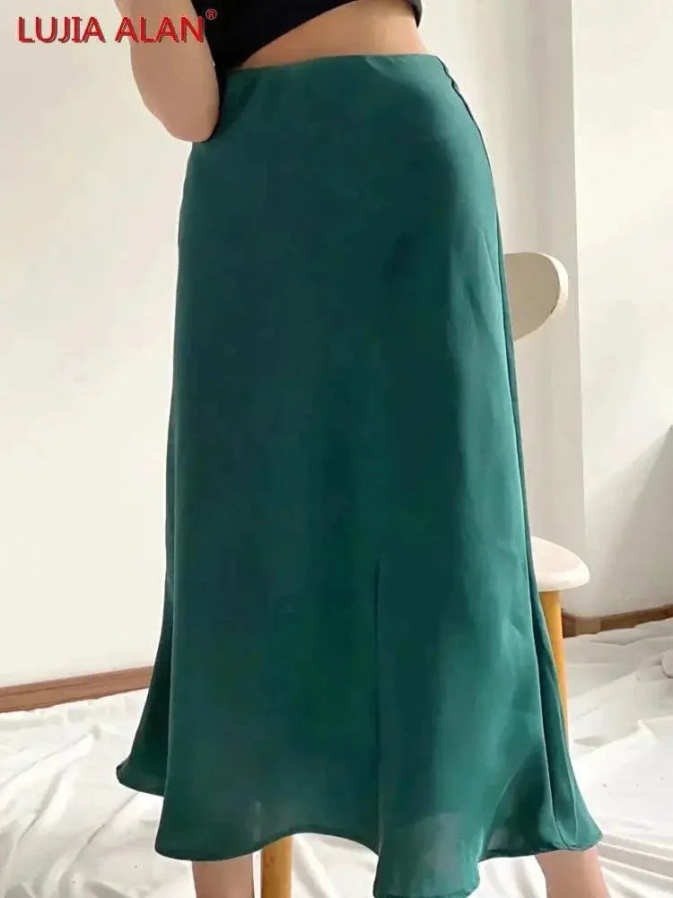 Solid Satin A Line Midi Skirt Summer Fashion Statement
