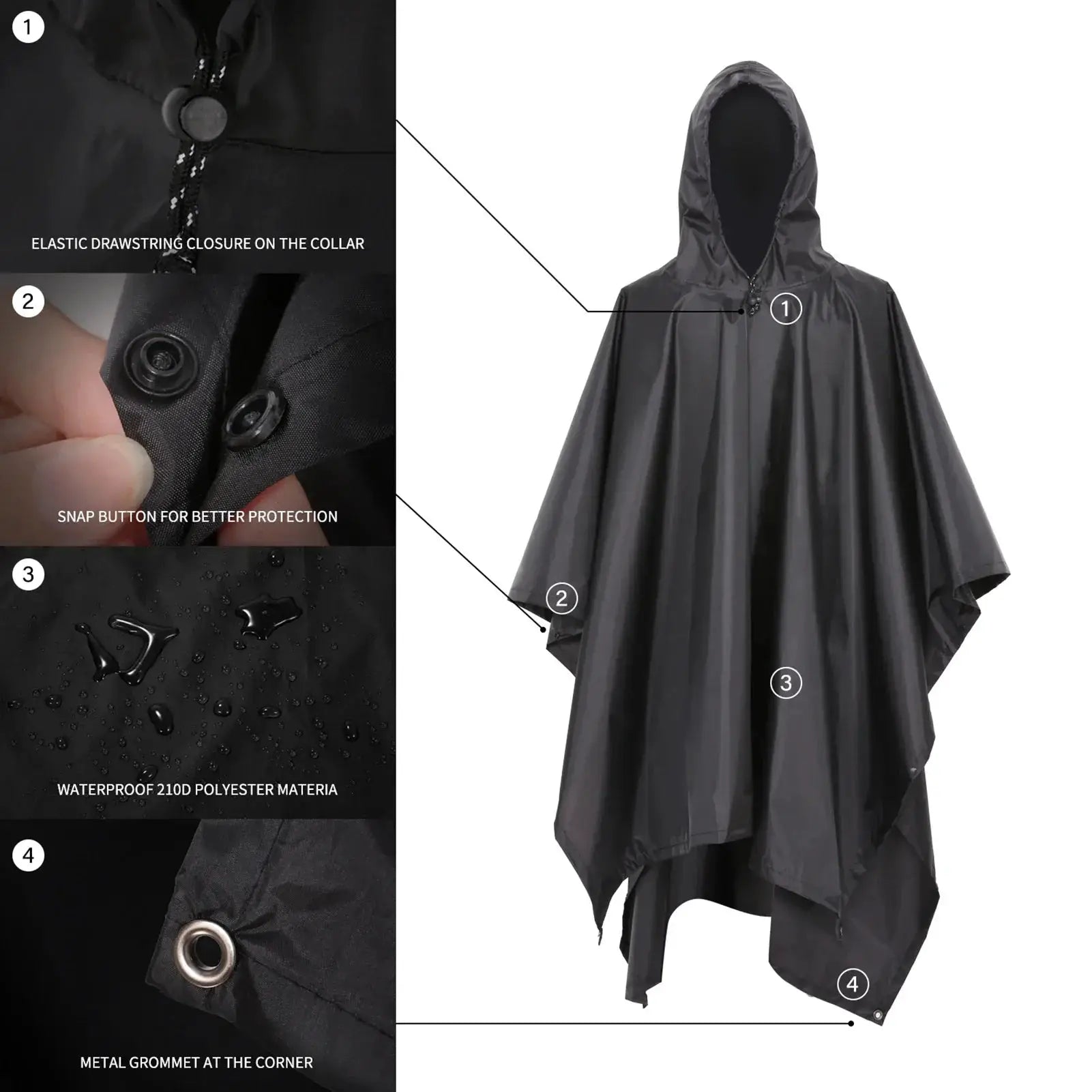 3 In 1 Waterproof Rain Poncho Hooded Coat All Weather