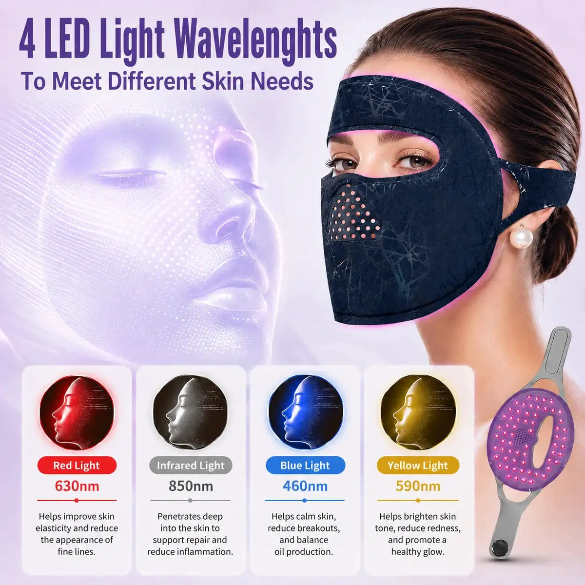 Wired Eight Color LED Face Mask, 460nm 590nm 630nm 850nm four wavelengths 8 Modes Light for Face, Red Blue Purple Nir Light Beauty Mask for Woman Skin Care，with Controller