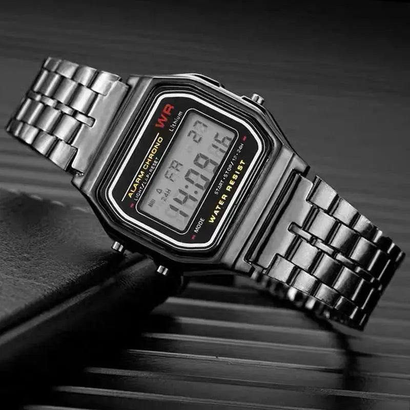 LED Steel Band Wristwatch With Alarm Stopwatch Timepiece