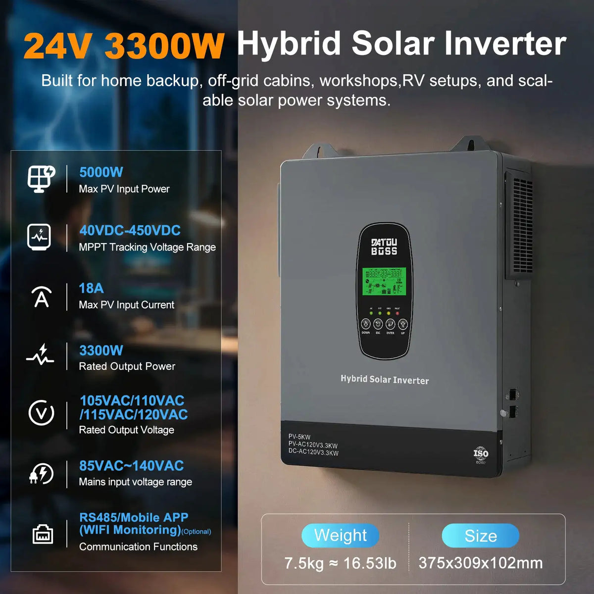 DATOUBOSS 24V3300W Hybrid Solar Inverter, 24V DC to 110/120V AC Inversor with 120A MPPT ,Max. PV Input 5000W 500Vdc,Off Grid Pure Sine Wave Inverter for Lead Acid/LiFePO4 US store