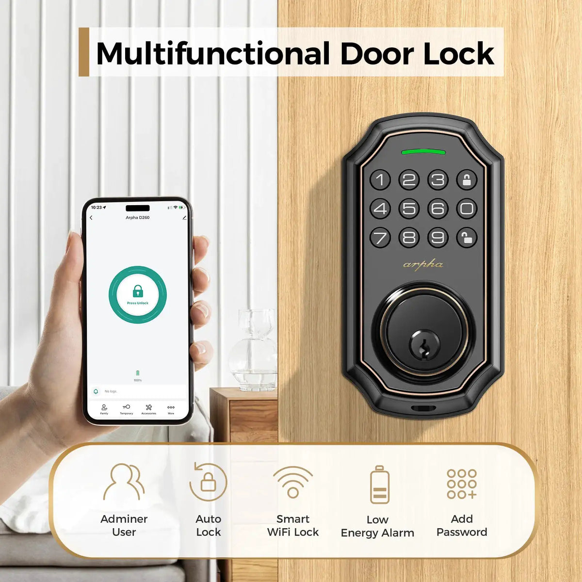 1/2/4PCS Arpha Smart Door Lock Keyless Entry Keypad Electronic Deadbolt WiFi Door Lock with Tuya App Control Auto Lock One-Time Password Anti-Peeping Passcode Battery Powered for Home Front Door