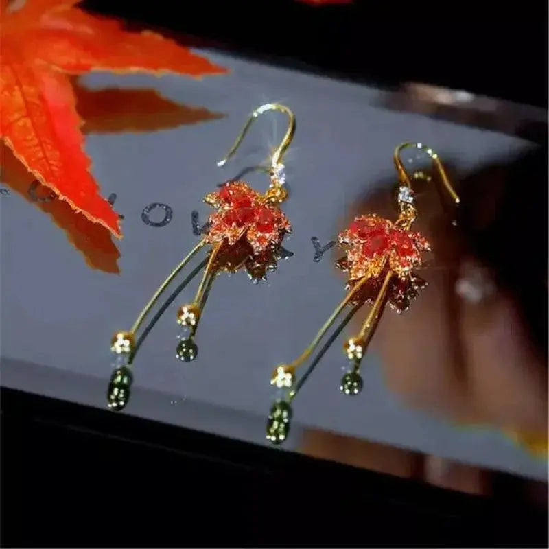 Vintage Red Maple Leaf Crystal Earrings Timeless Elegance