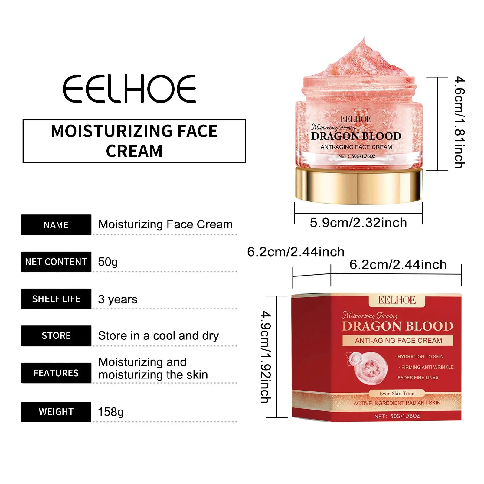 EELHOE Dragon Blood Face Cream Pore Shrinking Facial Rejuvenation Nourishing Hyaluronic Acid Moisturizing Face Brightening Cream