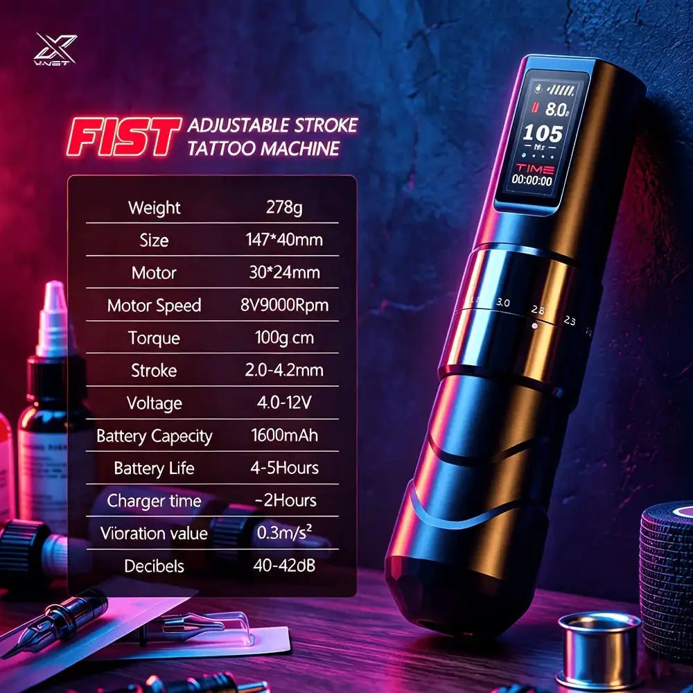 XNET Fist 370 Wireless Tattoo Machine Kit Tattoo Pen 1600mAh Battery Capacity Adjustable Stroke 2.0-4.2mm For Tattoo Artist