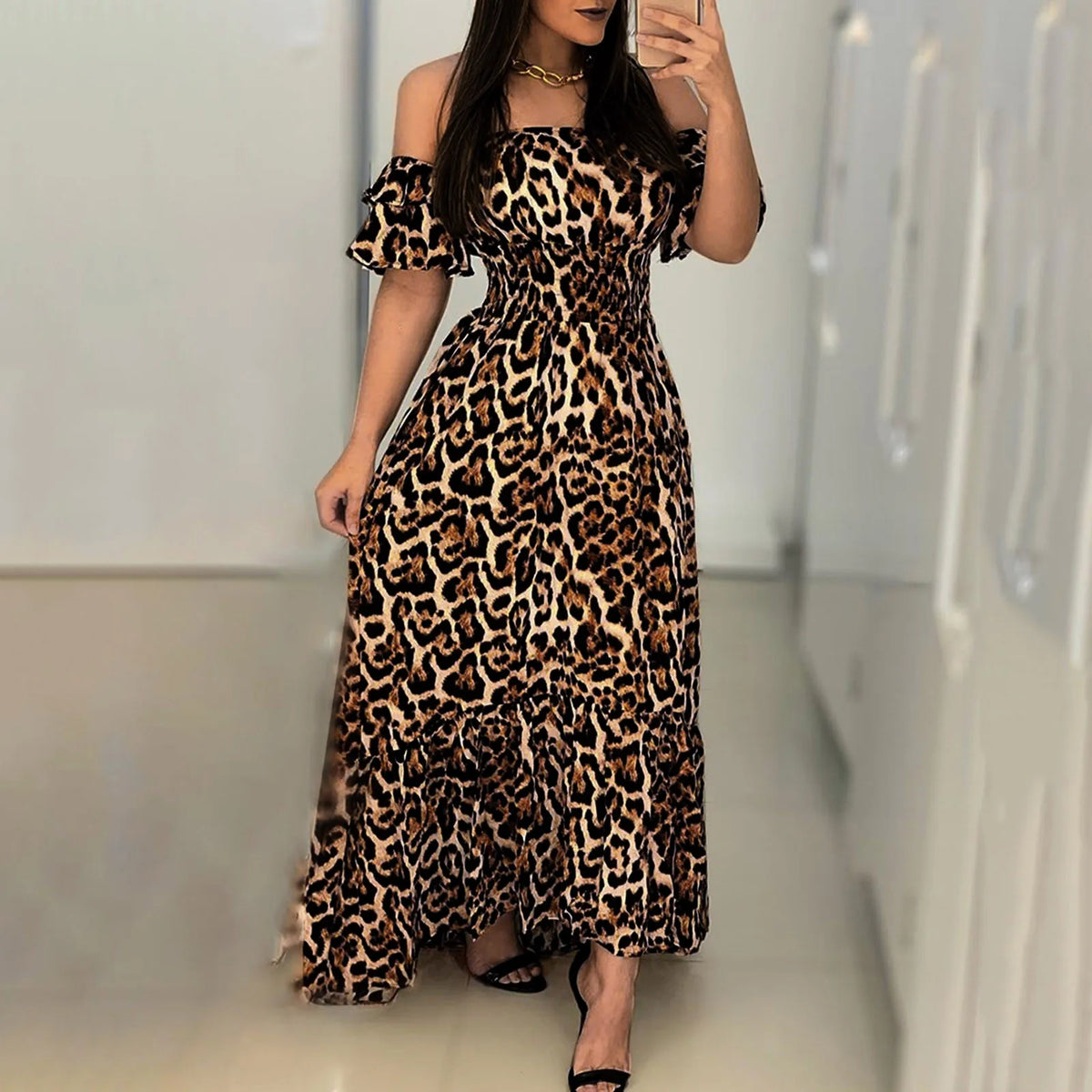 Off Shoulder Leopard Maxi Dress