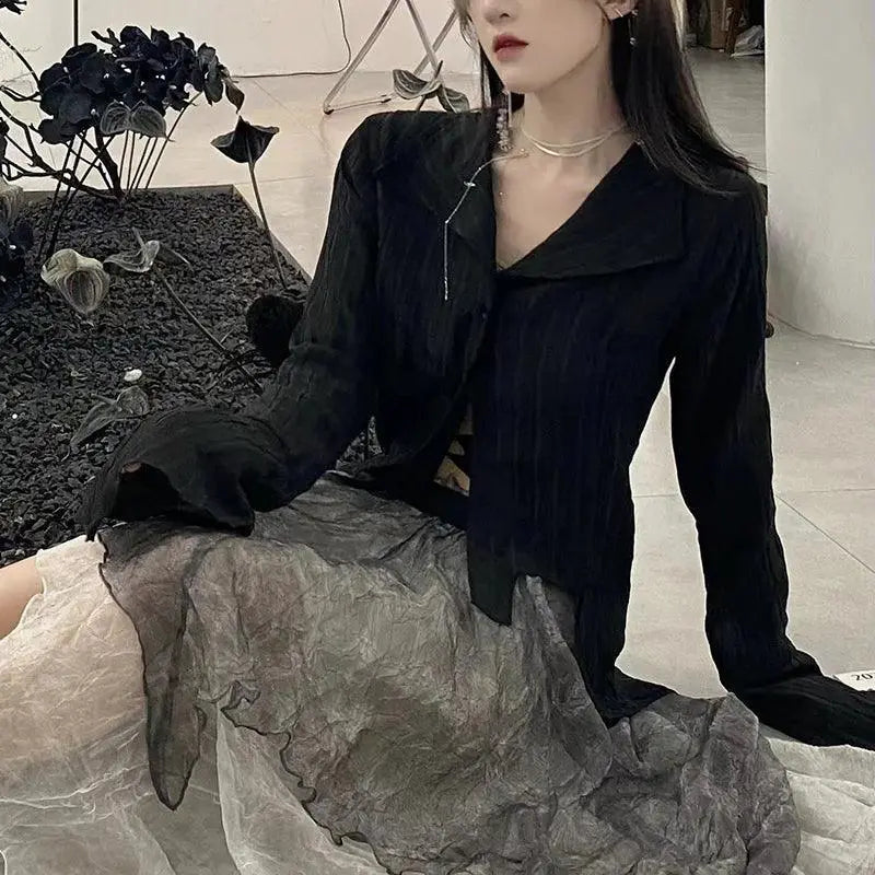 Korean Gothic Black Shirt Dark Academia Style For Women