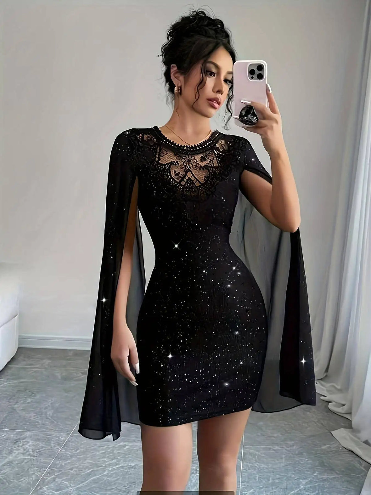 Sheer Cape Glitter Cocktail Dress