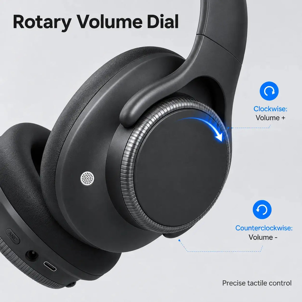 ANC Headphones Bluetooth 6.0 Over-Ear Wireless Headset Rotary volume 40mm Driver 50H Playtime Type-C AUX 3.5mm Lightweight