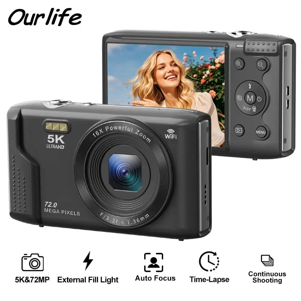Ourlife 5K 72MP Compact Digital Camera With Two Point Eight Inch LCD 16X Zoom - stepyours.com