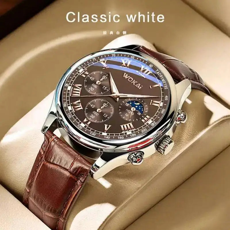 Mens Leather Chronograph Sports Watch Stylish Waterproof