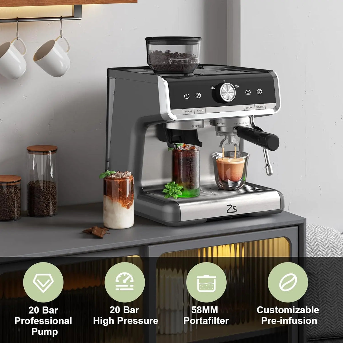 Espresso Coffee Machine with Grinder, Semi-Automatic Espresso — product view 2