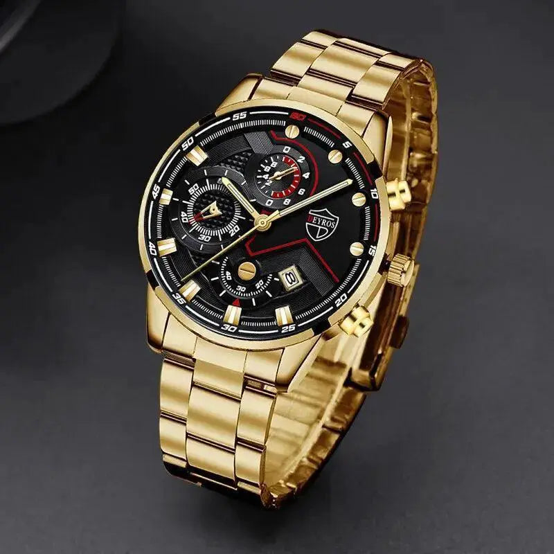 Men Stainless Steel Quartz Watch With Calendar Necklace Set