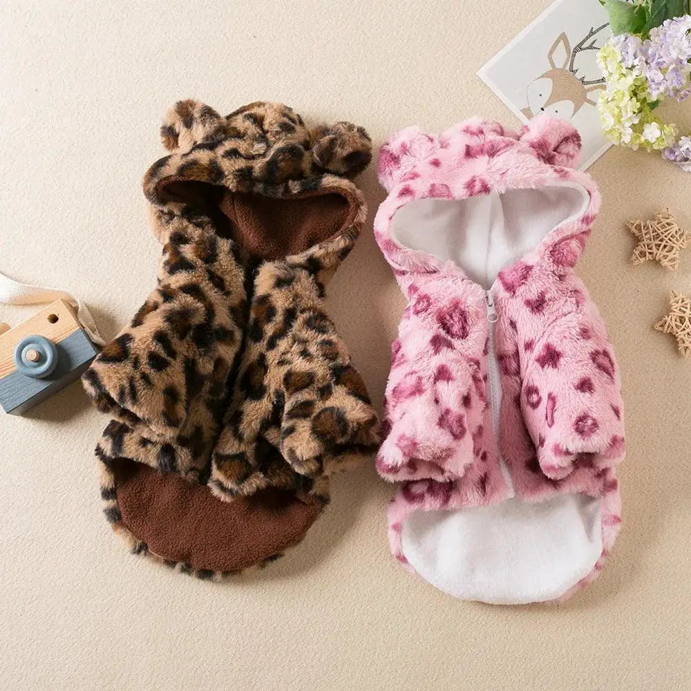 Leopard Print Fleece Hoodie For Small Dogs Winter Wear