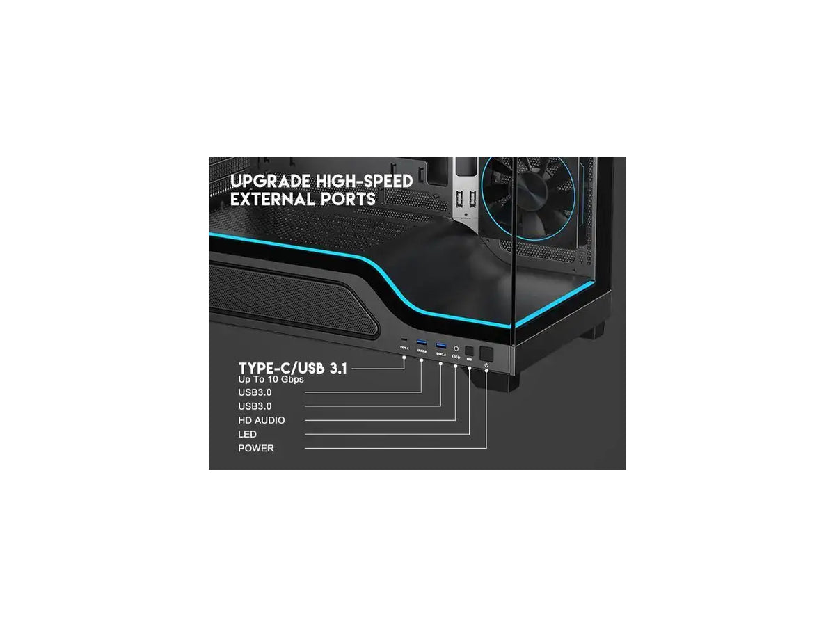 DIYPC IDX5-BK-ARGB Black Dual USB3.0/Type C Tempered Glass ATX Gaming Computer Case w/ Frameless Dual Tempered Glass Panel and 4 x ARGB PWM Ring Fans and Integrated ARGB Lighting Bar (Pre-Installed)