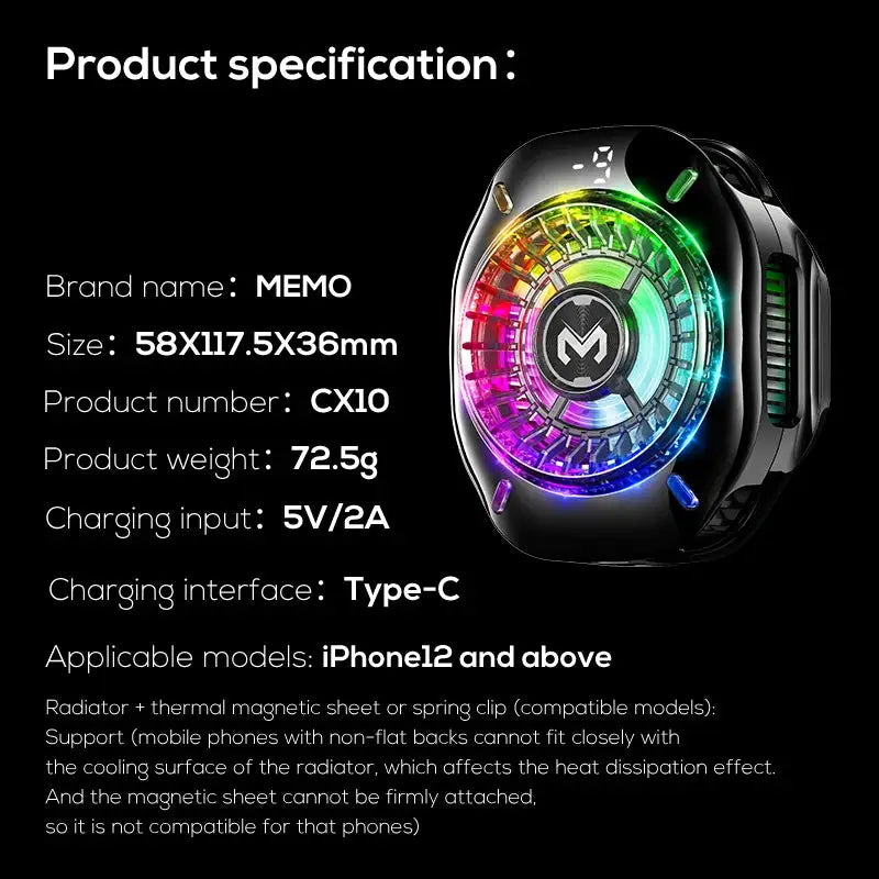 MEMO CX10 Semiconductor Phone Cooler with RGB Lights Magnetic Clip on Ice-Freezing Strong Cooling for Gaming & Live Streaming