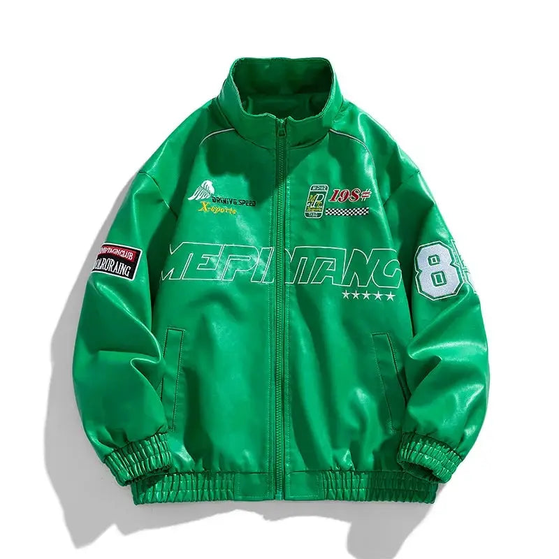 Mens PU Leather Motorcycle Jacket With Letter Embroidery