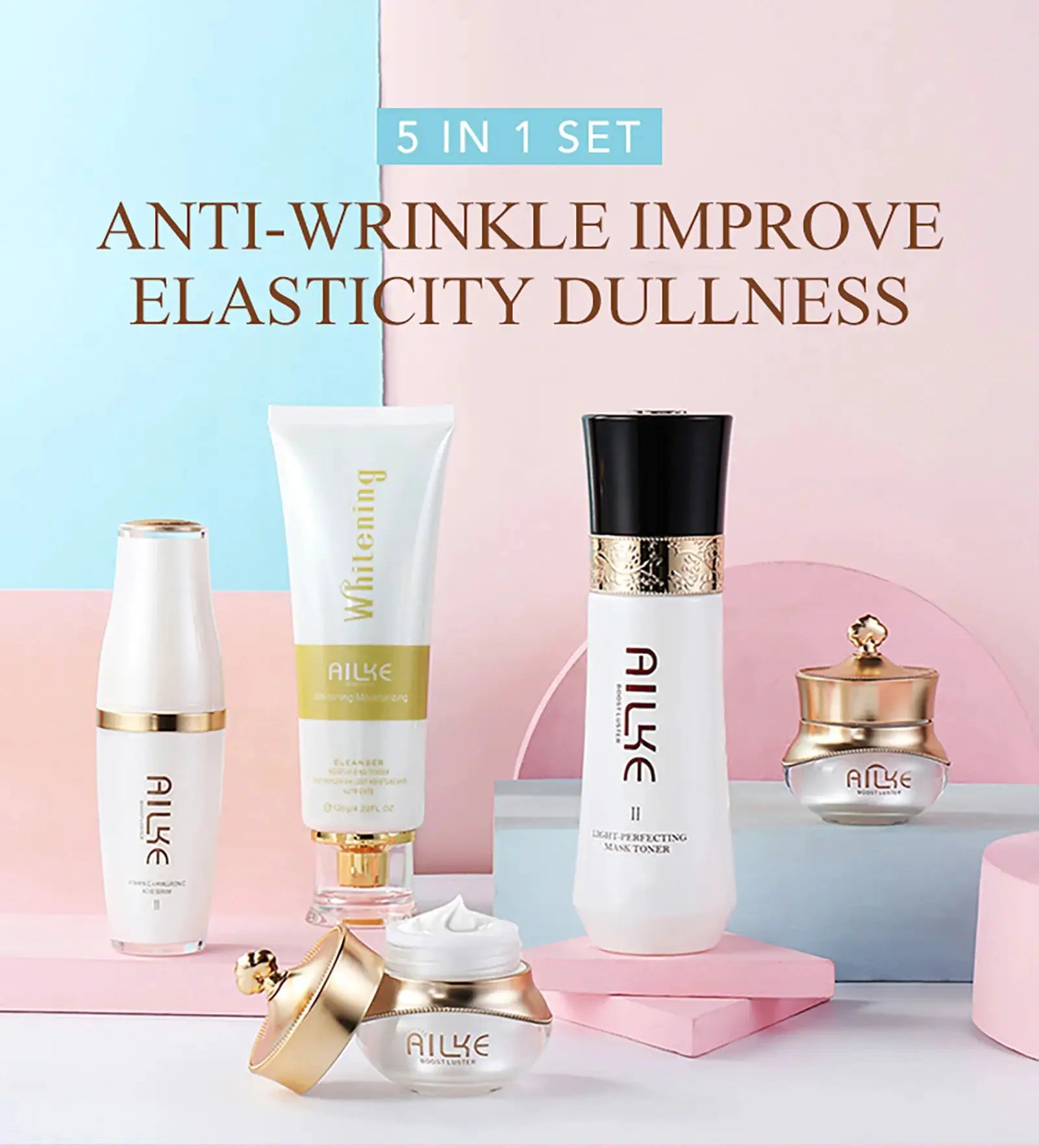 AILKE Whitening Anti-wrinkle Freckle Face Cream With Collagen Hyaluronic Acid Rose Skin Care Women Korean Facial Moisturizer Set