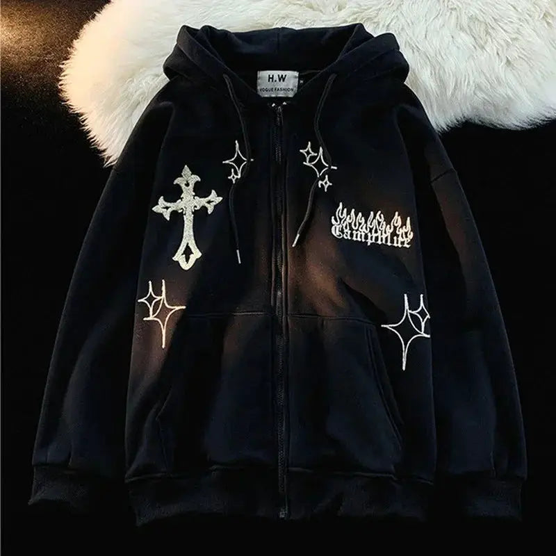 Harajuku Embroidery Hoodie Women Oversized Zip Up Sweatshirt