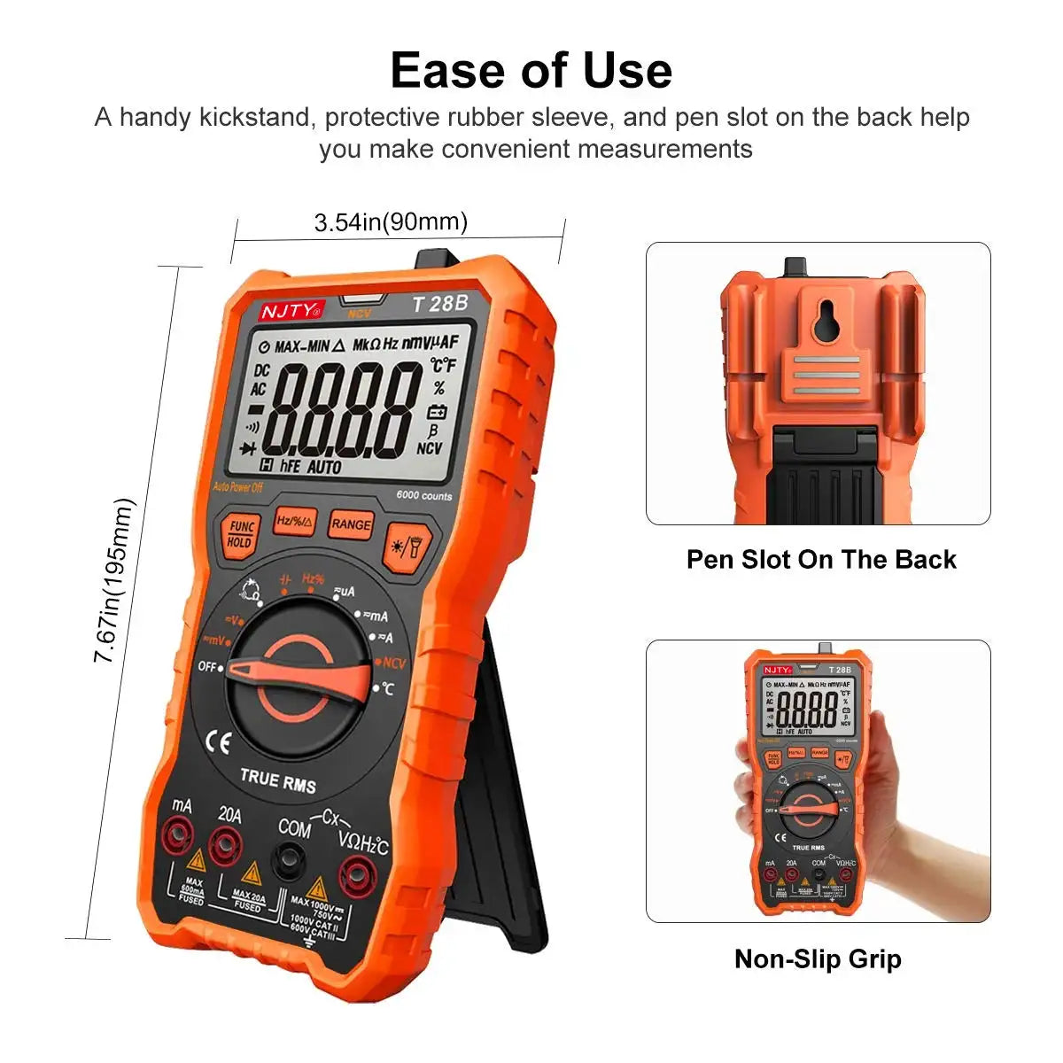 NJTY T28B Digital Multimeter 20A TRMS 6000 Counts Voltage Amp Resistance Diodes Continuity Duty-Cycle Capacitance Temperature