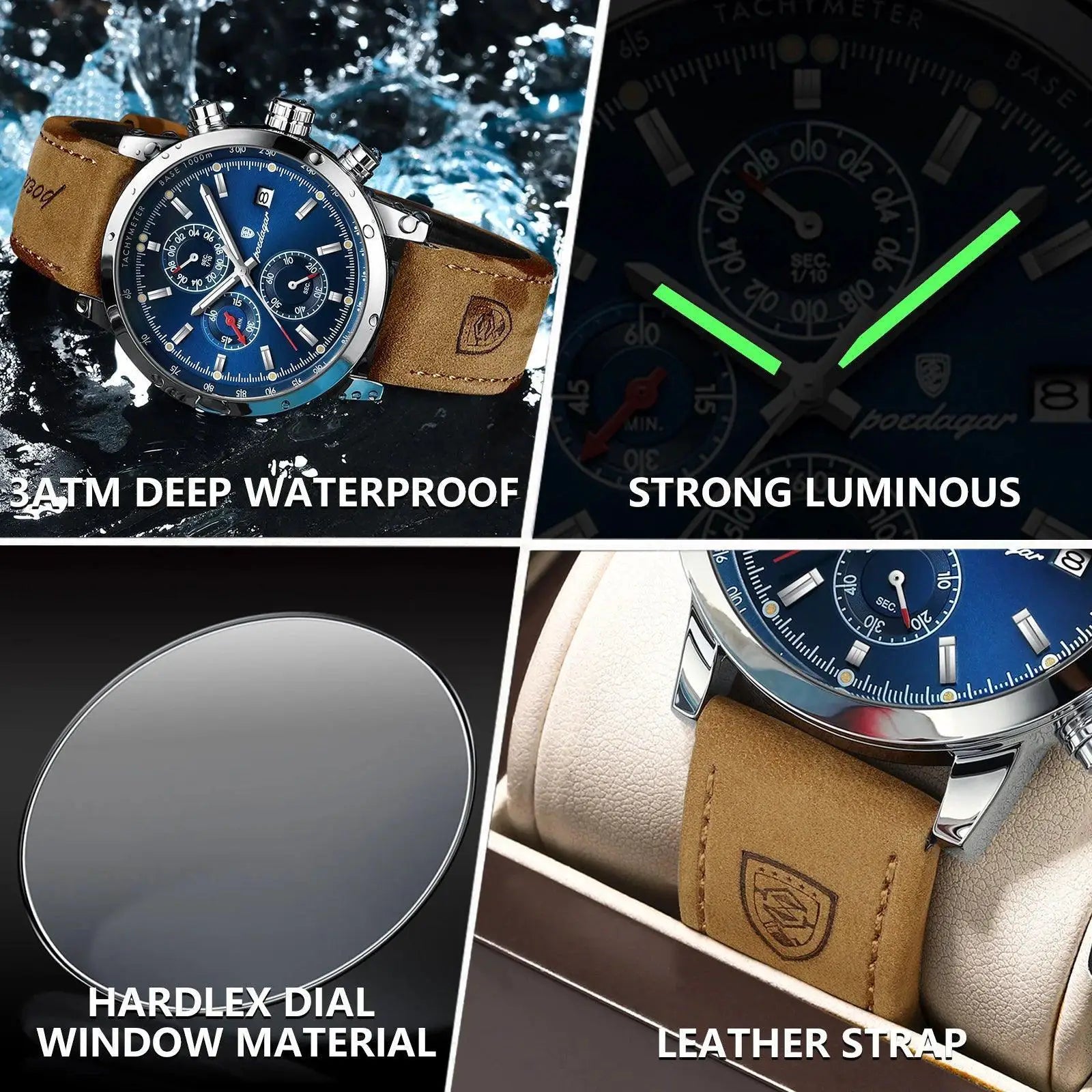 Poedagar Chronograph Watch Men's Waterproof Leather Strap