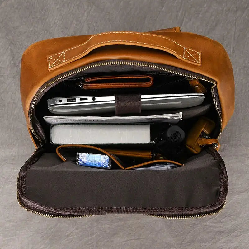 Men's Retro Crazy Horse Leather Laptop Backpack — product view 18