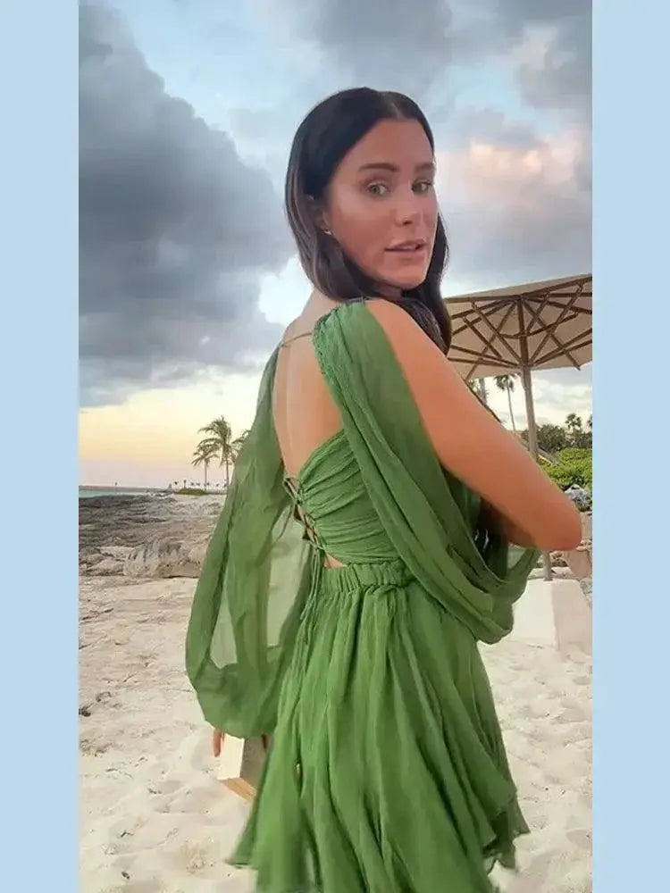 Green Mesh Lantern Sleeve Mini Dress With V Neck Chic