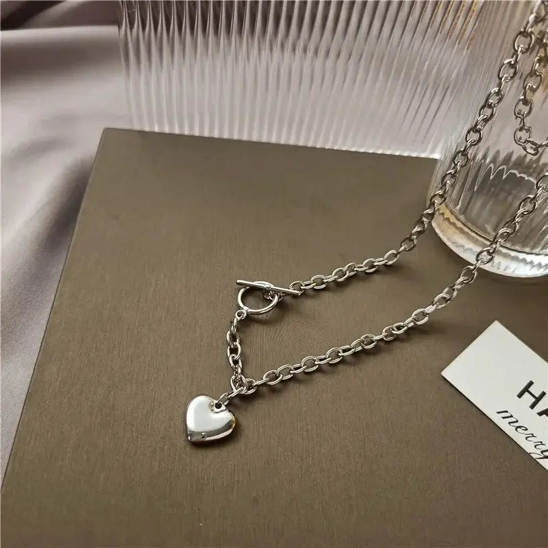 Punk Thick Lock Chain Heart Shape Pendant Choker Necklace