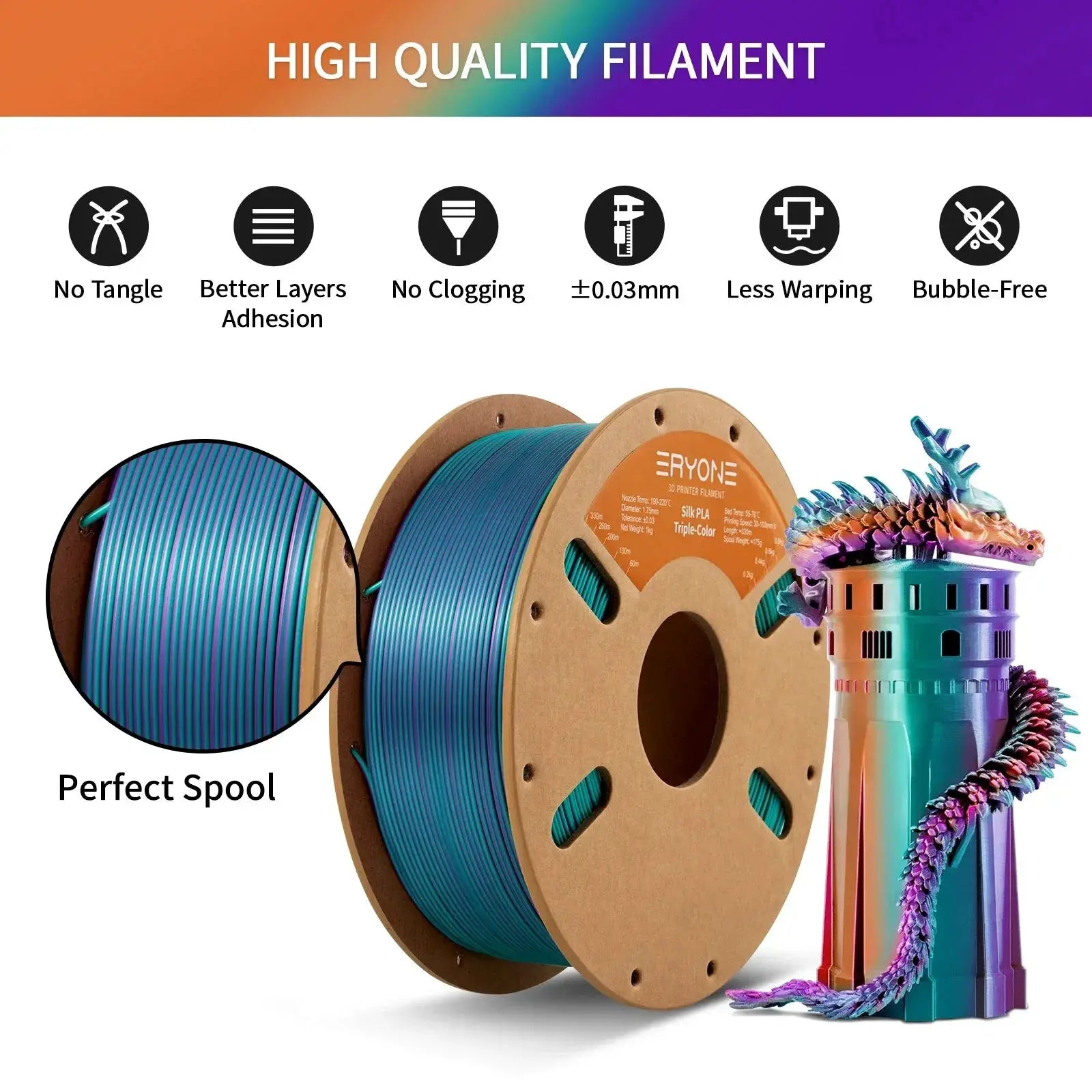 Eryone Tri-Color Co-Extrusion Silk PLA 1.75mm 1KG Filament