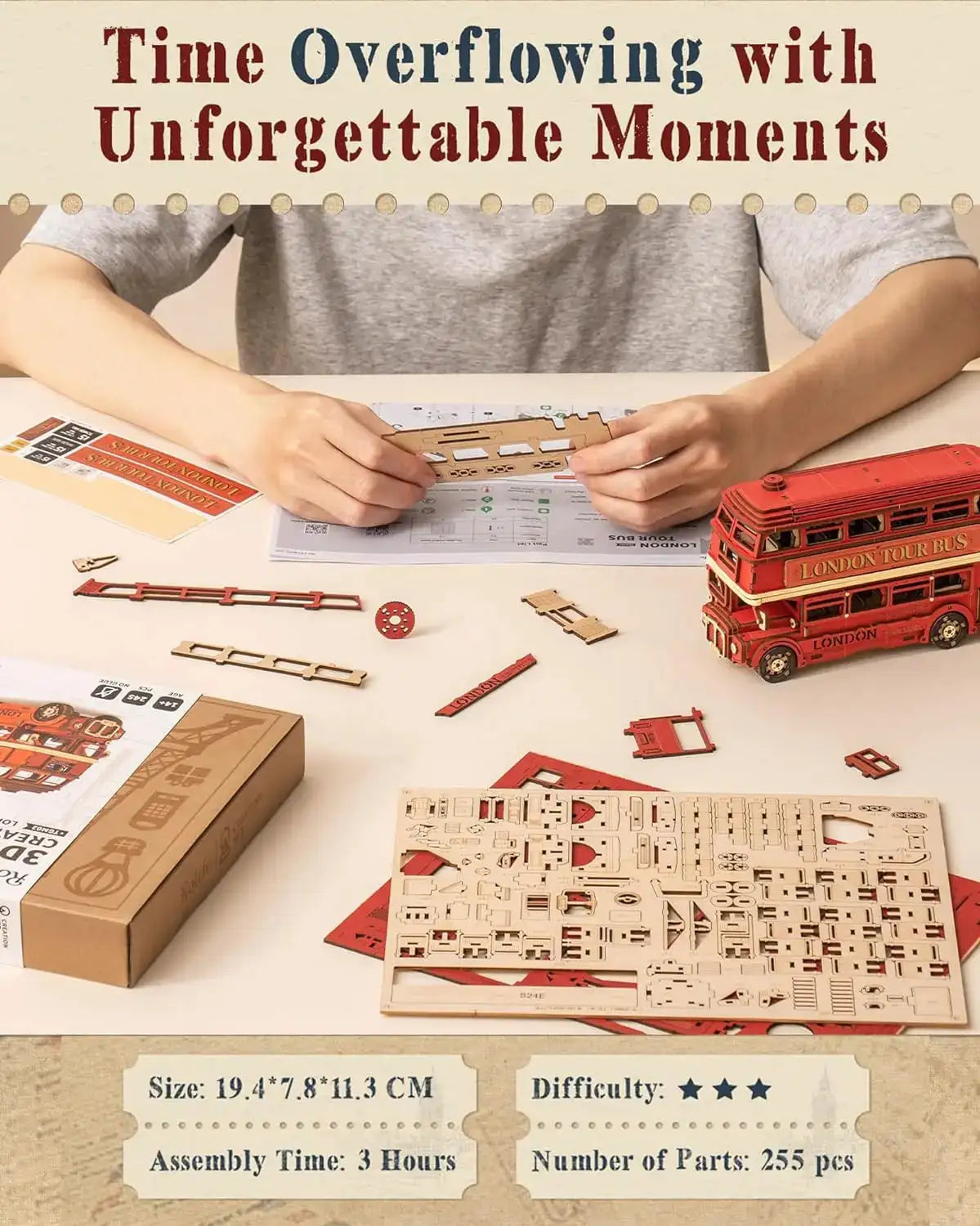 Robotime London Tour Bus 3D Wooden Puzzles Wood Model Toy Car to Build Crafts Collectibles Gifts for Boys Girls