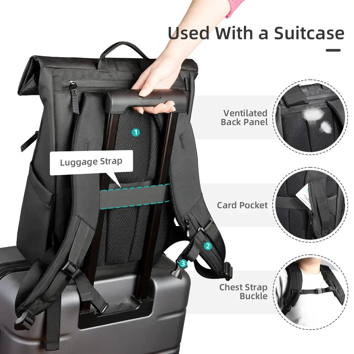 Heroic Knight Men's Travel Backpack Roll Top Casual Hiking Backpack Waterproof Outdoor Backpack Large Capacity Weekend Schoolbag