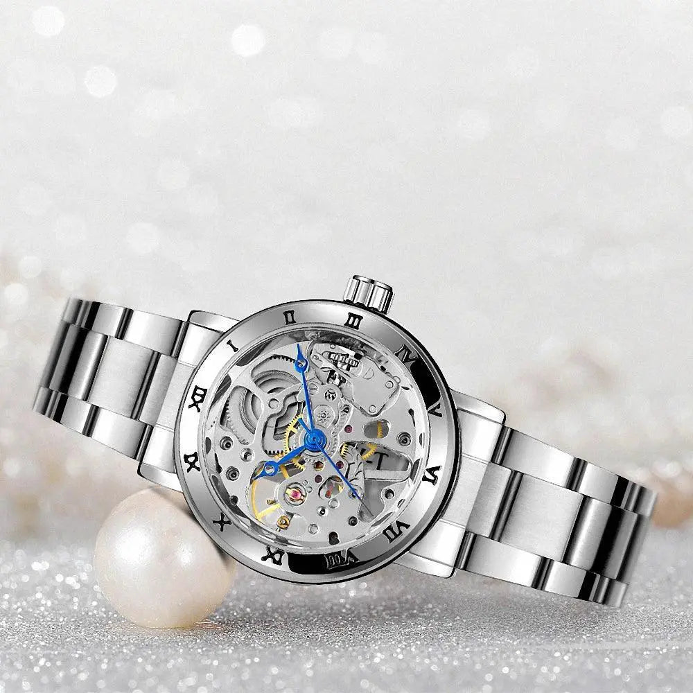 Elegant Skeleton Watch Stainless Steel Luxury Timepiece