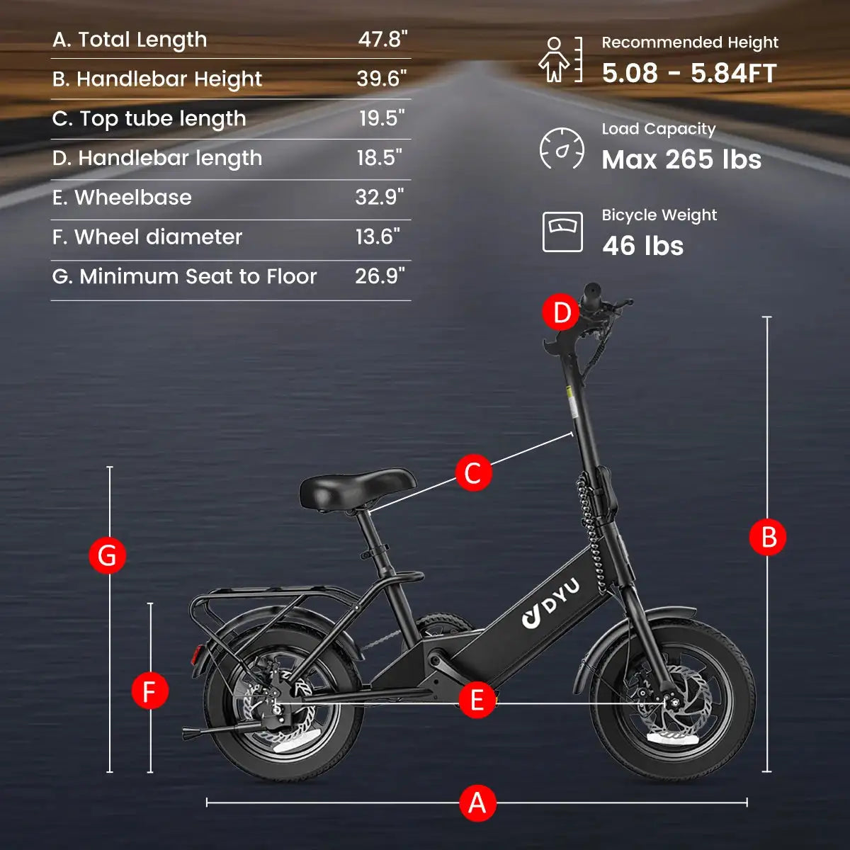 DYU C3 E-bike Peak 500W Motor 36V7.8AH Battery Electric Bike,20mph 14 inch City Electric Bicycle UL2849