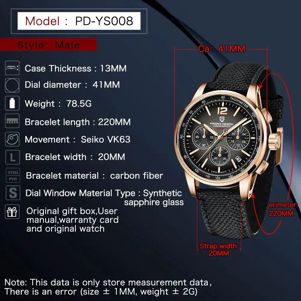 Pagani Design VK63 Fashion Men's Quartz Watches 41MM Top Sapphire Waterproof Sport 10 Bar Watch for men reloj hombre