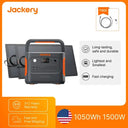 Jackery E1000AC 1050Wh Portable Power Station with 2x 100W Light Solar Panels and 5m Extension Cable, 1500W Pure Sine Wave AC Output, 3000W Surge, LiFePO4 Battery, 100W USB-C and Fast Recharge for Camping, RV Trips and Home E