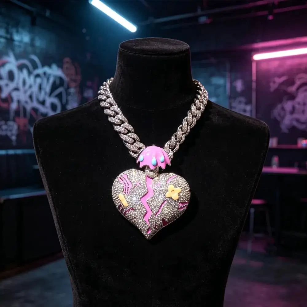 Gold Plated Broken Heart Charm Hip Hop Cuban Chain Necklace — product view 7